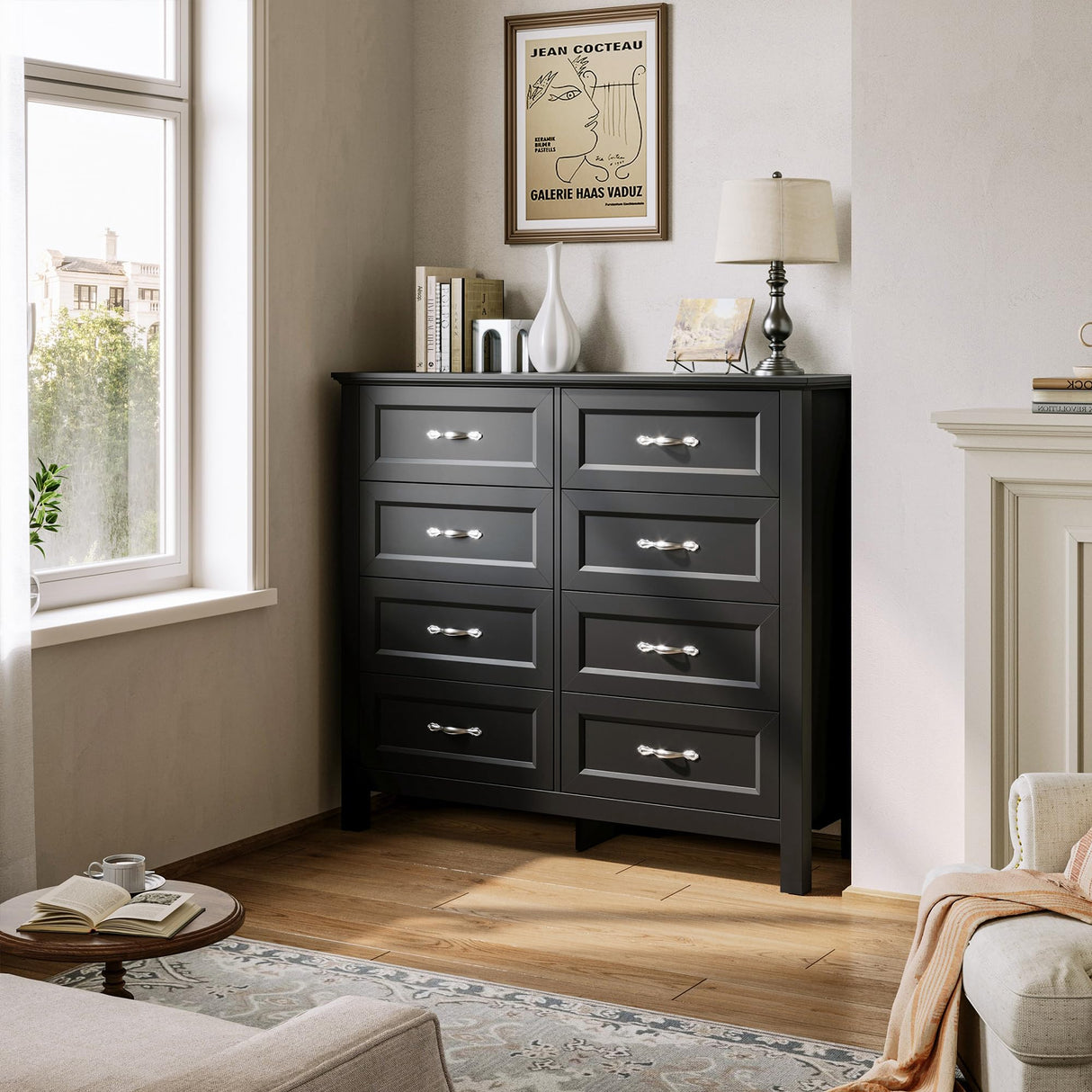 LINSY HOME 8 Drawers Dresser for Bedroom, Black Wood Dresser with Metal Handle, Farmhouse Tall Chest of Drawers with 1 pcs Fabric Divider Organizer, Storage Organizer for Living Room, Closet, Hallway LINSY HOME