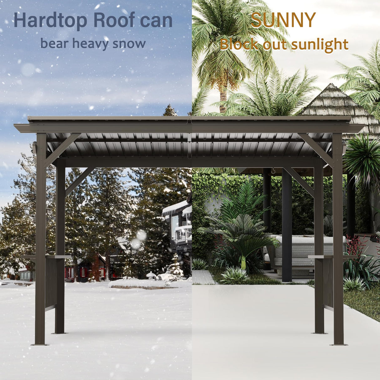 Domi 6.5x12FT Hardtop Grill Gazebo, Outdoor BBQ Gazebo with 2 Side Shelves, Sloping Steel Roof for Permanent Sun Shade with Ceiling Hooks for Patio Deck Yard Garden (Brown) domi outdoor living