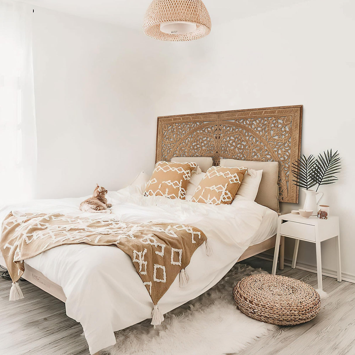 King Wood Headboard | Carved Full Headboard Only | Wooden Headboard Full Size Bed | Wall Mount Headboard King | Full Bed Headboard Panels (Cal King, Sumber, Natural) KultureDeco