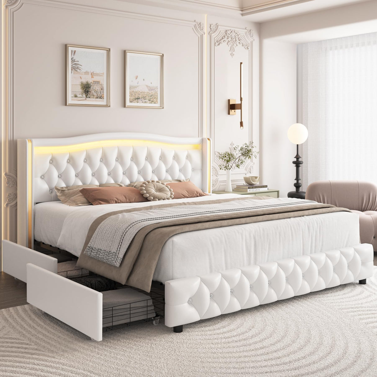 HIFIT Full Smart LED Platform Bed Frame with 4 Storage Drawers, Crystal Button-Tufted & Stainless Gold Trim Wingback Headboard, Modern PU Upholstered White /No Box Spring Needed/Easy Assembly HIFIT