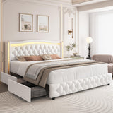 HIFIT Full Smart LED Platform Bed Frame with 4 Storage Drawers, Crystal Button-Tufted & Stainless Gold Trim Wingback Headboard, Modern PU Upholstered White /No Box Spring Needed/Easy Assembly HIFIT