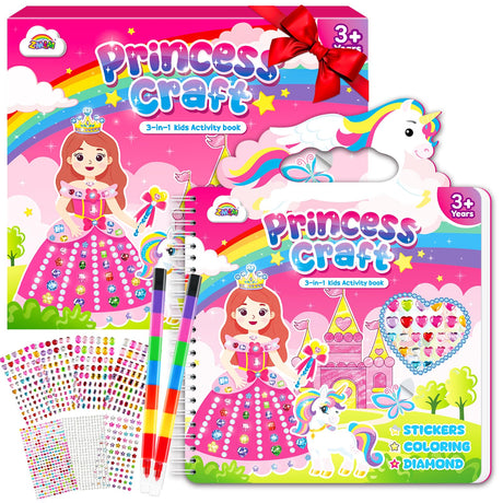 ZMLM Princess & Unicorns Art Crafts for Kids Toddler, 3-in-1 DIY Creative Sticker Coloring Activity Book for Ages 3 4 5 6 7 8 Year Old Girls Birthday Gifts Toys Game Travel Essentials Kit ZMLM