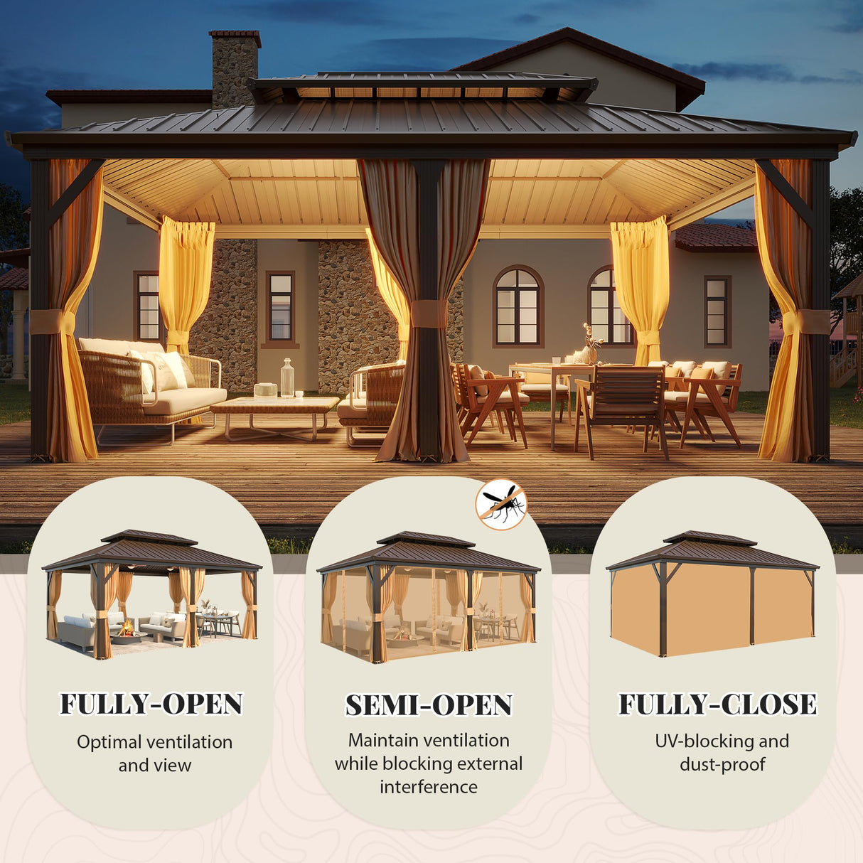 YOLENY 12' x 18' Gazebo, Hardtop Gazebo with Aluminum Frame, Double Galvanized Steel Roof, Curtains and Netting Included, Metal Gazebos Pergolas for Patios, Garden, Lawns, Parties YOLENY