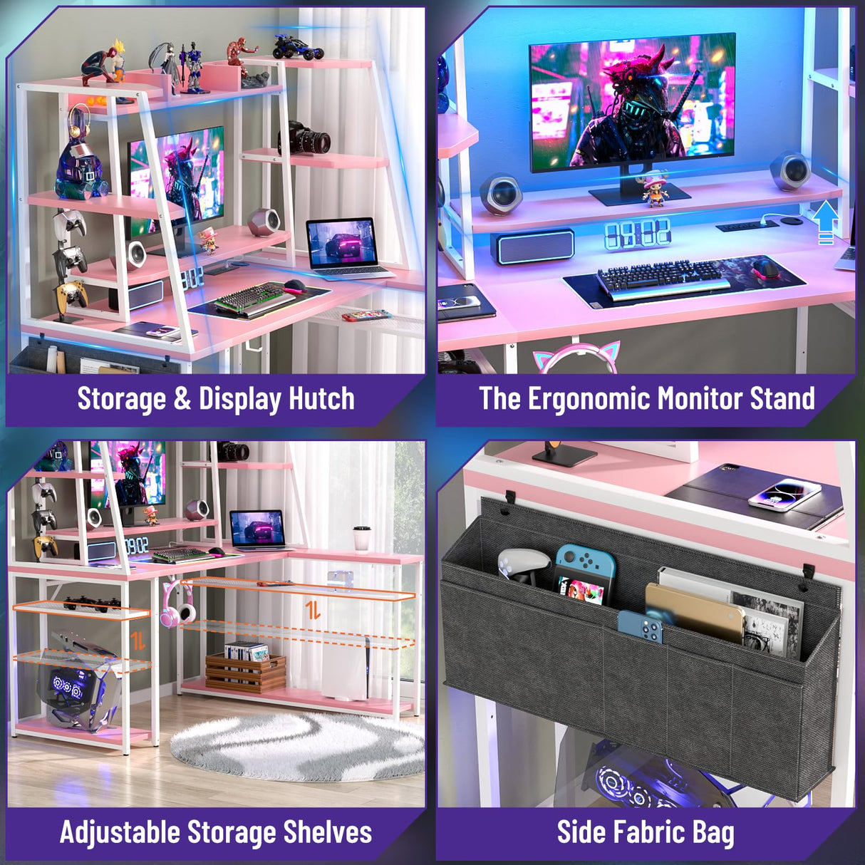 L Shaped Gaming Desk - Pink Gaming Desk with Hutch & Shelves, 47'' Gaming Computer Desk with LED Lights & Charging, Reversible PC Gaming Desk L Shape with Storage, L Desk for Gaming with Monitor Stand armocity