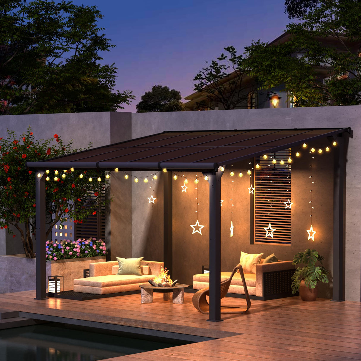 HOGYME 10x12 FT Gazebo, Outdoor Gazebos on Clearance with Updated Frame Structure and Roof, Hard Top Lean to Gazebo Pergola, Wall Mounted Awnings for Patio, Deck, Lawn and Backyard HOGYME