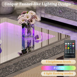 Alohappy Mirrored Coffee Table with Lasagna Light, Glass Rectangle Coffee Tea Table with Crushed Diamond for Living Room, Tempered Glass Silver Coffee Table for Bar, Game Room Decor Alohappy