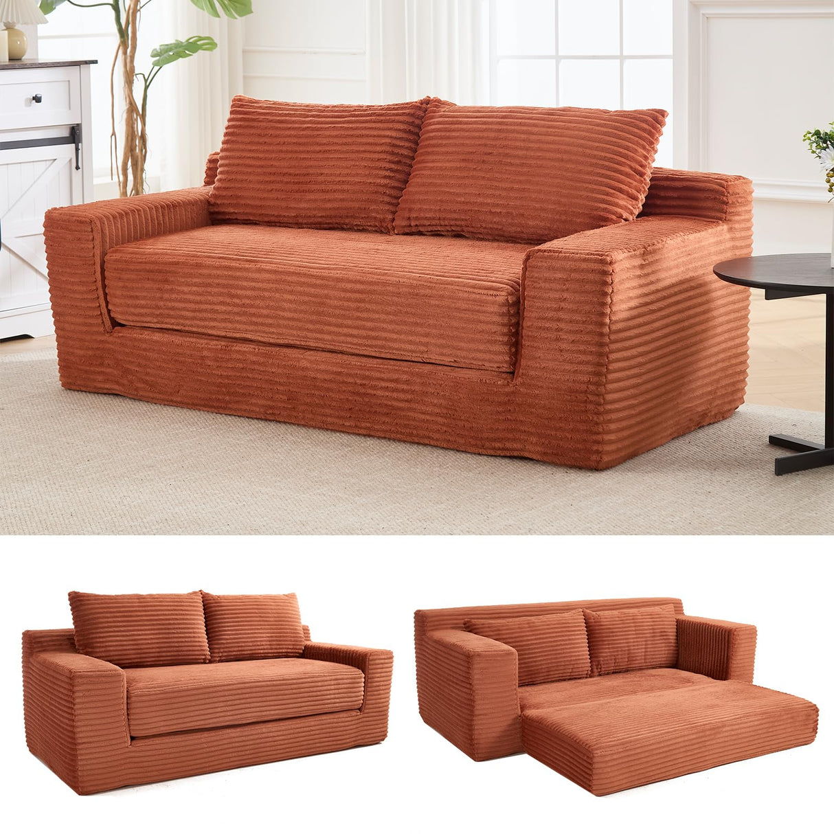 KIVENJAJA 70.87" Boneless Loveseat Sofa, Modern 2-in-1 Convertible Sleeper Sofa, Comfy Cloud Loveseat Couch, Corduroy Small Boneless Couches for Living Room Small Space, Bedroom, Orange KIVENJAJA