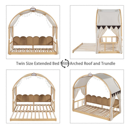 Polibi Twin Size Extended Bed with Arched Canopy, Trundle and Light Strip, Wooden Canopy Bed with Whiteboard (Natural)