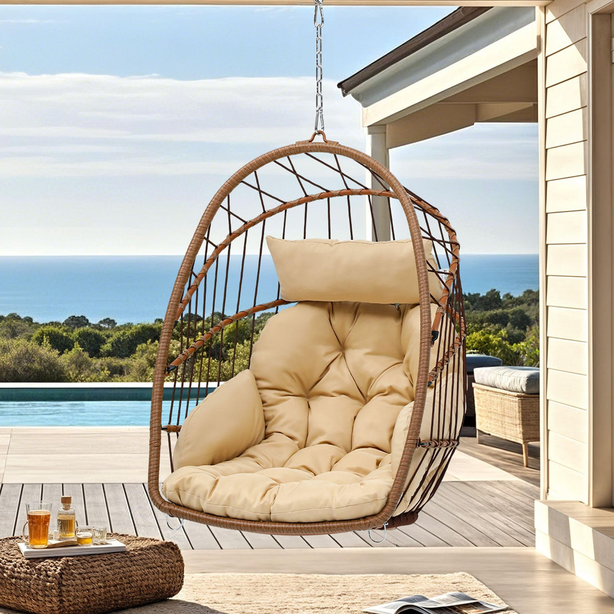 DWVO Egg Chair Without Stand, Basket Chair Hanging Outdoor Rattan Wicker Patio Hammock Indoor Egg Chair with Cushion, Hanging Swing Chair 350lbs for Porch, Garden, Bedroom, Balcony, Beige DWVO