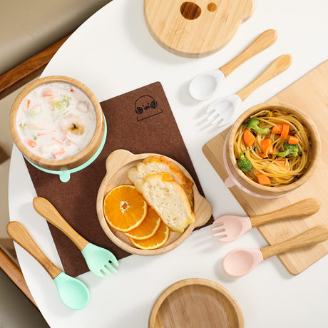 Baby Bowls with Lid,HBM Bamboo Suction Bowls for Baby and Spoon Set,3PC Feeding Supplies Set for Infant, Toddlers,Detachable Silicone Suction Stay Put Base for Wooden Bowl （Marble） HI BABY MONMENT