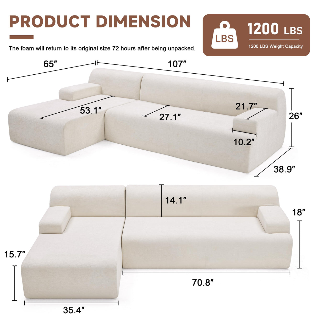 Huatean Home 107" Modular Sectional Sofa, Sponge Sofa for Living Room, High Density Sponges Cloud Couch,Modular L-Shape Sofa Couch with Chaise, (Beige) Huatean Home