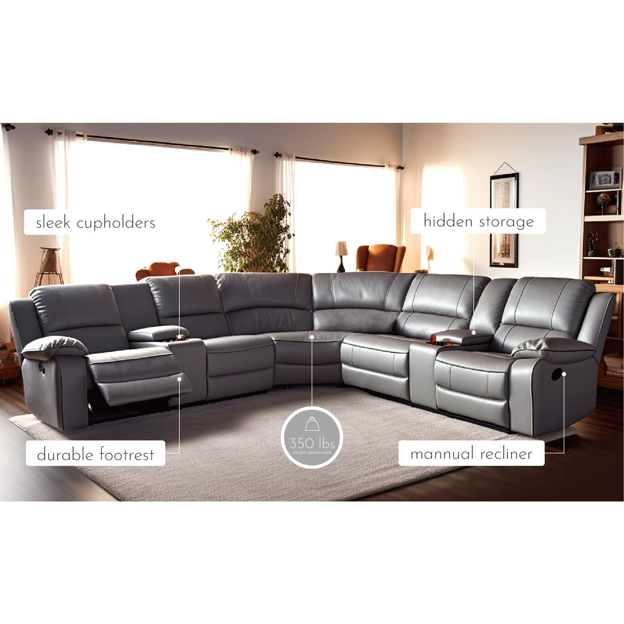 LY&S Home Collection Sectional Reclining Sofa, Sectional Couches for Living Room, Modular Manual PU Leather Recliner Sofa Livingroom Furniture Sets (Grey) LY&S Home Collection