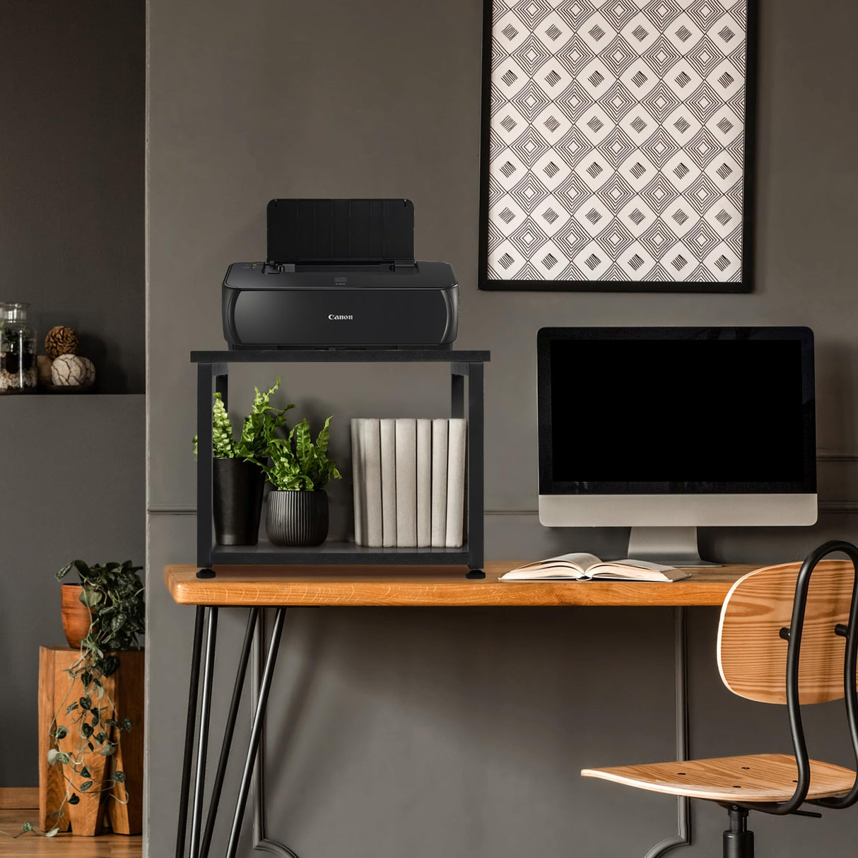 Cakokow Under Desk Printer Stand - 2-Tier Industrial Mobile Printer Table with Storage Shelf, Heavy Duty Wood Rolling Printer Cart with Wheels for Home and Office,Classic Black Cakokow