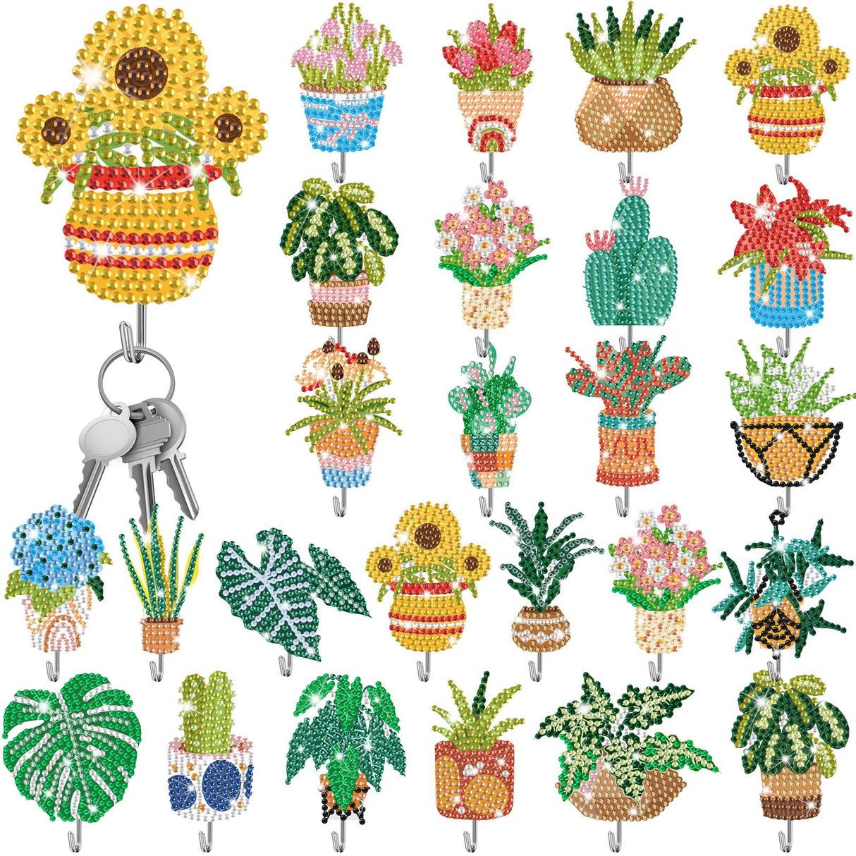 Landical 25 Pcs Floral Diamond Painting Kits for Adults Spring Plants DIY Diamond Art Painting Adhesive Hook Sunflowers Key Holder Rhinestone Dot Gem Art Kits for Towel Hat Kitchen Decoration Landical