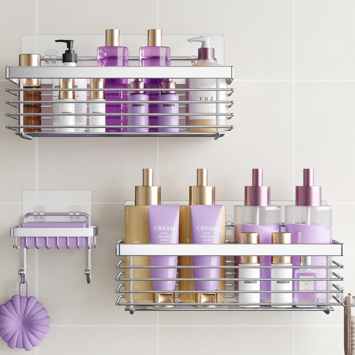 ODesign Shower Caddy 3 Pack SUS304 Stainless Steel-No Drilling-Shower Bathroom Shelves Rack,Rustproof Wall Mounted,Adhesive Shower Shelf Basket Organizer-Silver ODesign