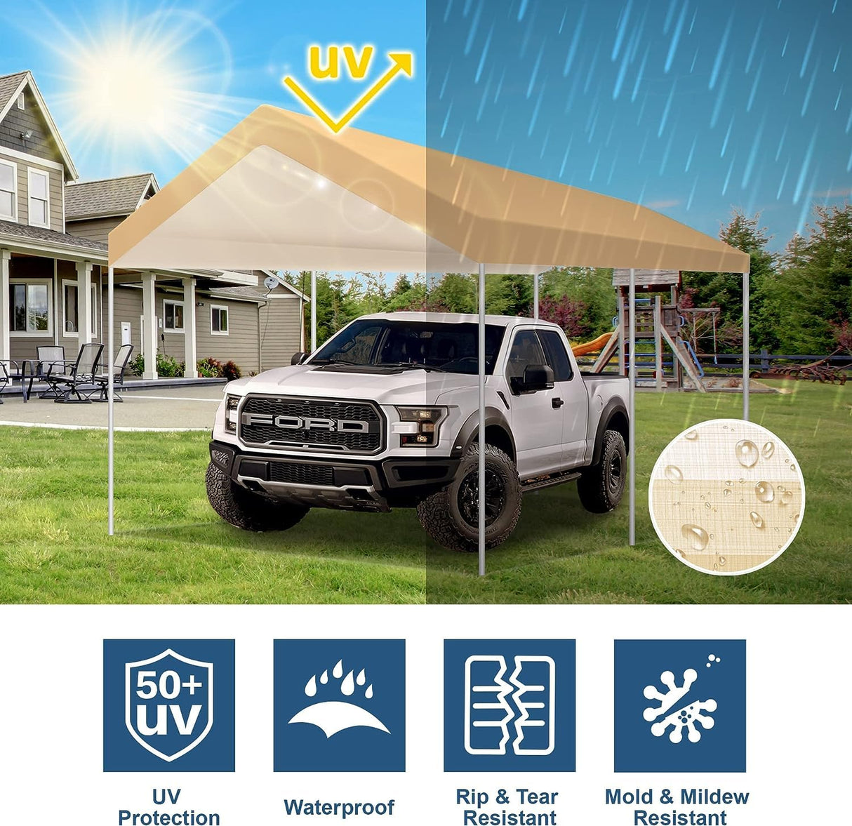 TGEHAP 10' x 20' Upgraded Carport Replacement Top Canopy Cover for Car Garage Top Tarp Shelter, Waterproof Car Cover Tent for Party Garden Boat with Ball Bungees (Frame is not Included) TGEHAP