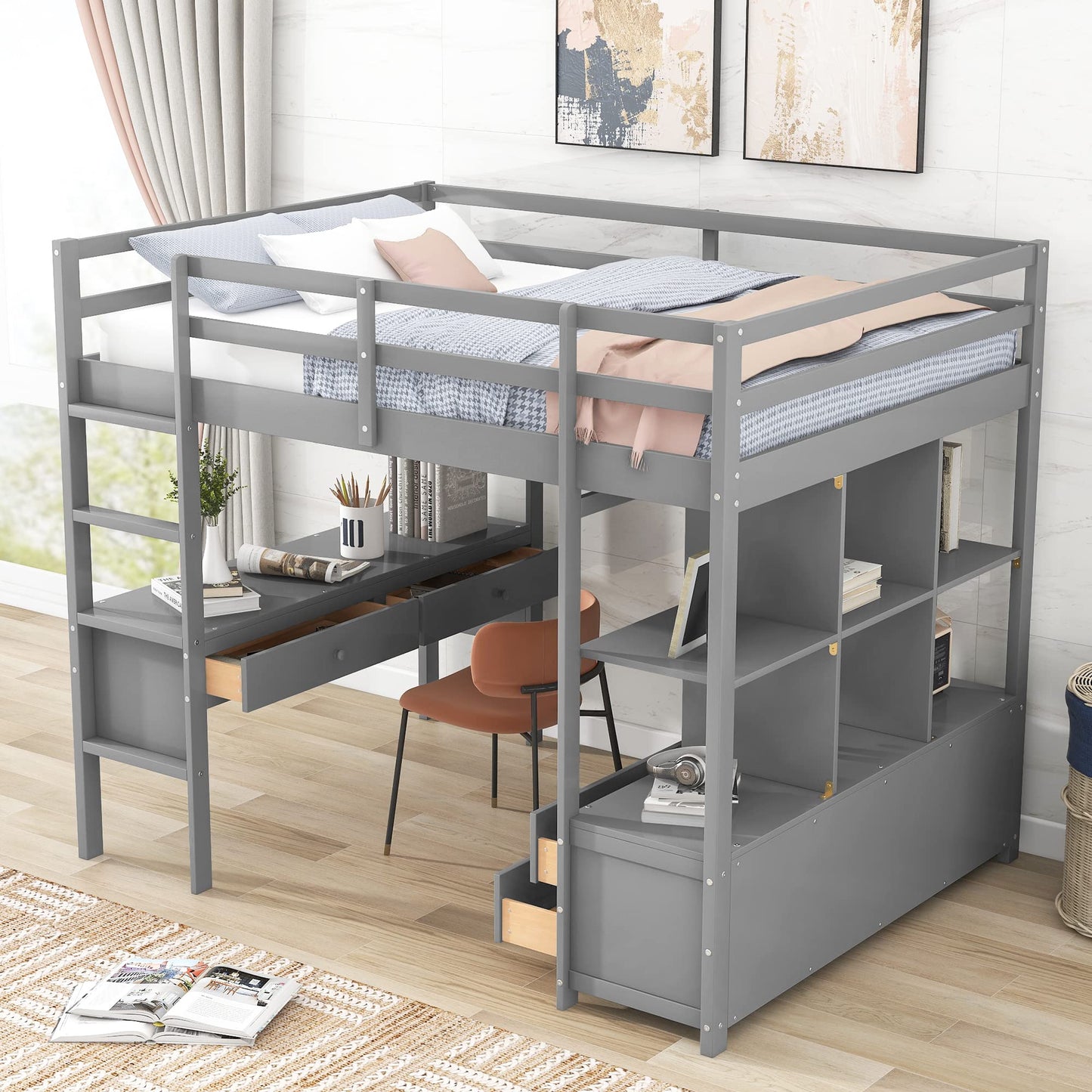 Harper & Bright Designs Full Size Grey Loft Bed with Built-in Desk, Drawers, and Storage Shelves - WoodArtSupply