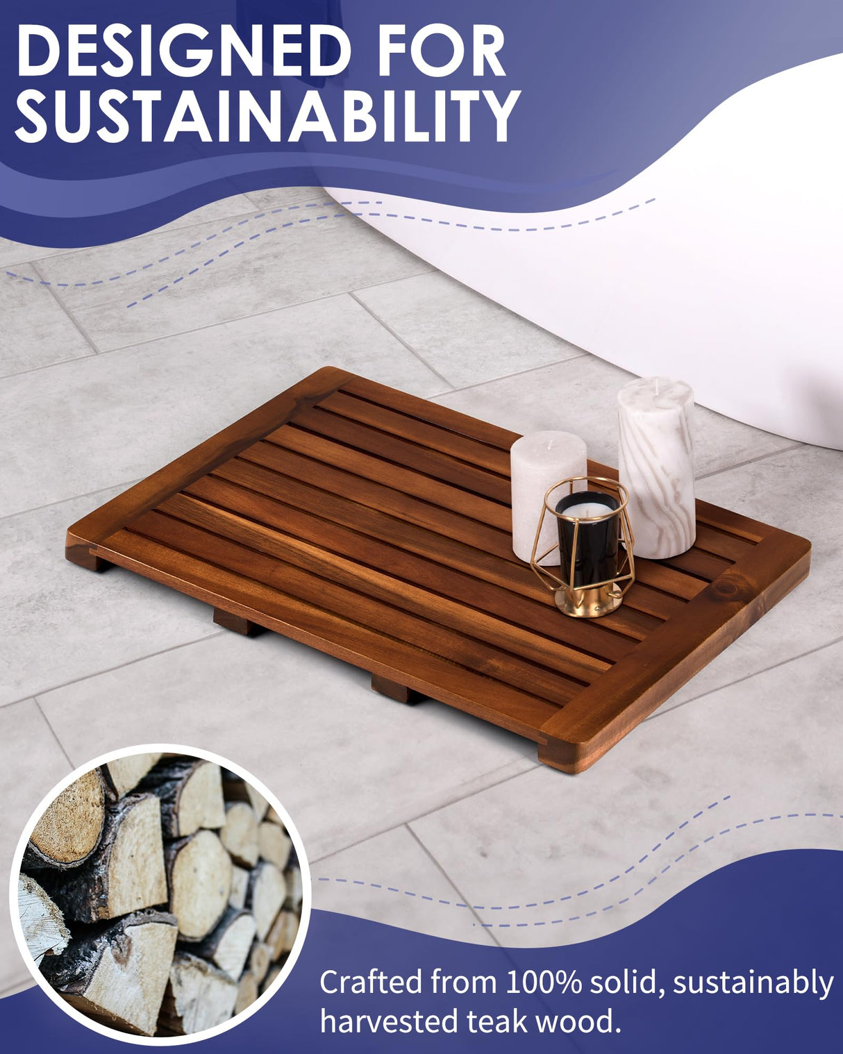 Upolana Teak Shower Mat, 24 x 18 inch Wood Bath Mat for Inside Shower, Wooden Shower Floor Mat Teak Wood Bath Mat for Bathroom Spa & Outdoor Use Upolana