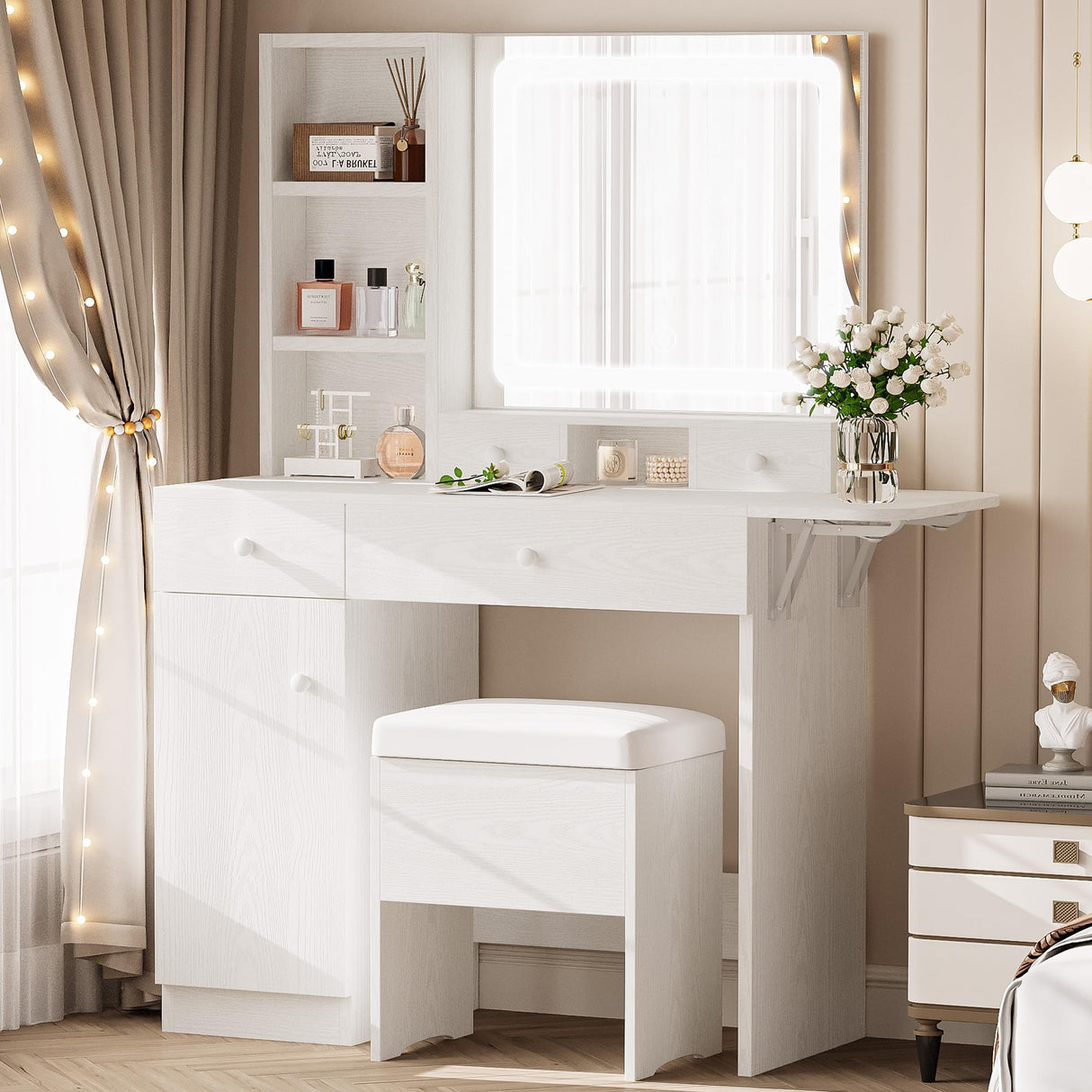 LIKIMIO Vanity Desk with Drawers & LED Lighted Mirror & Power Outlet & Cabinet, Storage Stool, Stylish Bedroom Makeup Table Set, White LIKIMIO