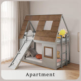 DGSPVCT Twin Over Twin House Bunk Bed for Kids, Wood Bunk Bed Frame with Window Roof Design and Guardrail, Montessori Floor Bunk Bed Frame with Climbing Ramp & Ladder, for Boys Girls, Gray DGSPVCT