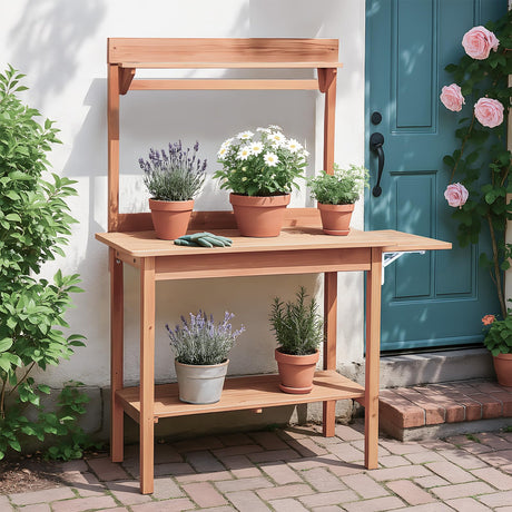 Outdoor Garden Potting Bench Table, Wooden Horticulture Planting Worstation with Metal Tabletop, 2 Drawers, Storage Shelf, 3 Hooks, Natural Wood (115 * 45.5 * 130CM) Generic