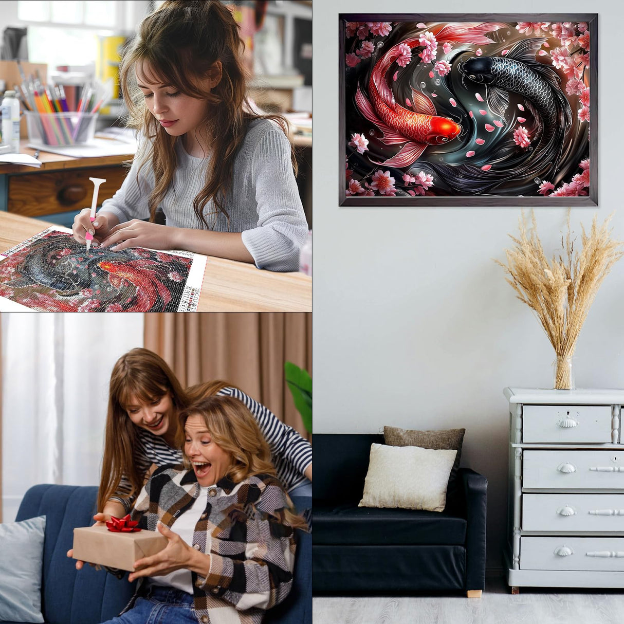 CEOVR Taichi Koi Diamond Art Kits for Adults, Koi Flower Diamond Painting Dots DIY DIY Gem Art, Adult Crafts Kits Wall Decor for Home Office 16x12in CEOVR