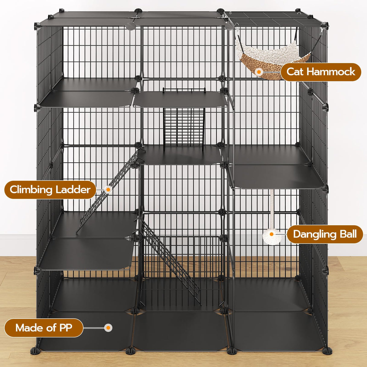 Large Cat Cage, 4-Tier Cat Enclosures Indoor, DIY Cat Kennel Detachable Metal Wire Catio Playpen with Hammock and Hanging Balls, for 1-3 Cats, Ease to Assembly, Black BK02PP03G1N1 HOOBRO