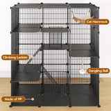 Large Cat Cage, 4-Tier Cat Enclosures Indoor, DIY Cat Kennel Detachable Metal Wire Catio Playpen with Hammock and Hanging Balls, for 1-3 Cats, Ease to Assembly, Black BK02PP03G1N1 HOOBRO