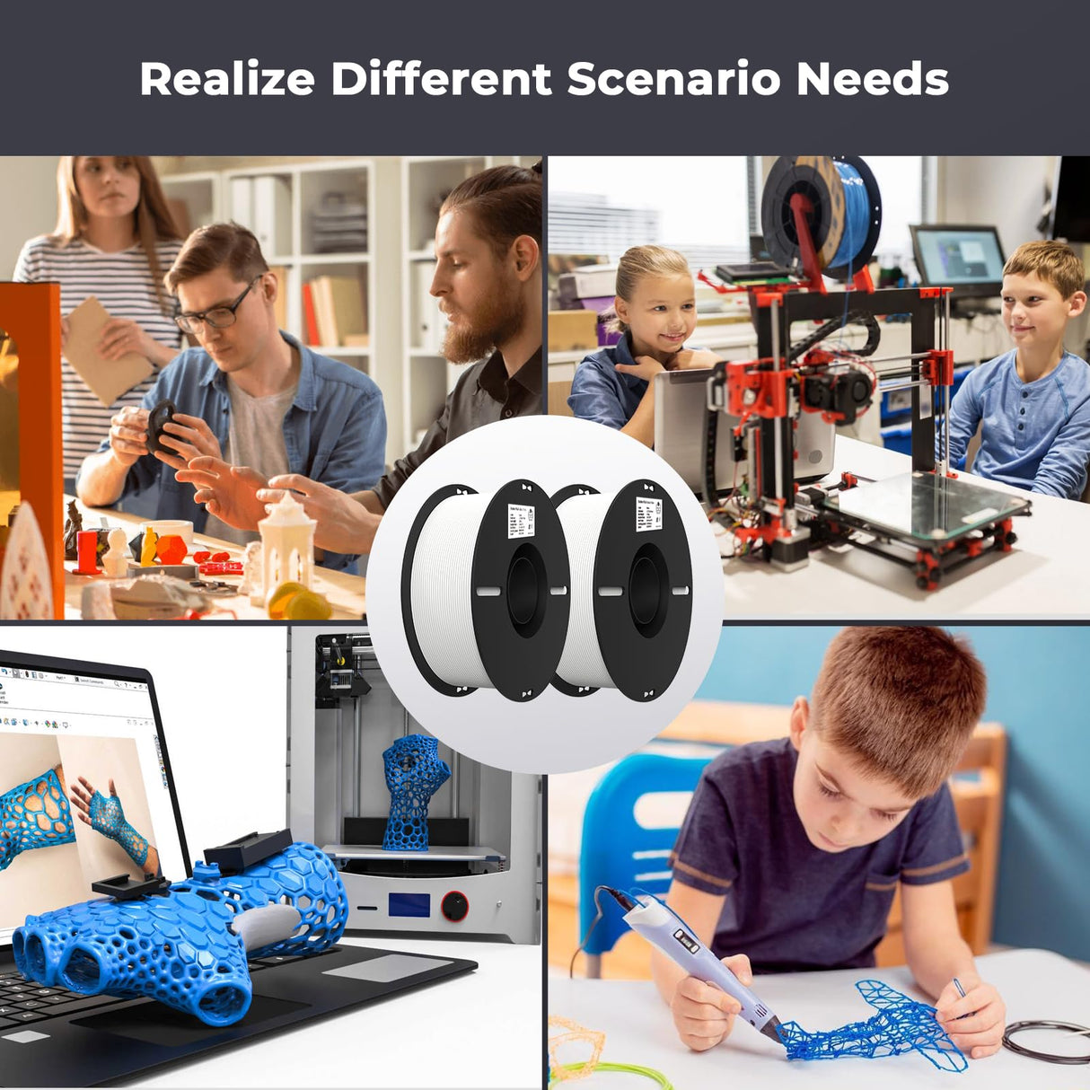 Creality PLA Filament 1.75mm Bundle 2KG, 3D Printer Filament Dimensional Accuracy +/- 0.02mm, No-Tangling Strong Bonding 3D Printing Filament, Fits for Most FDM 3D Printers(White) Creality