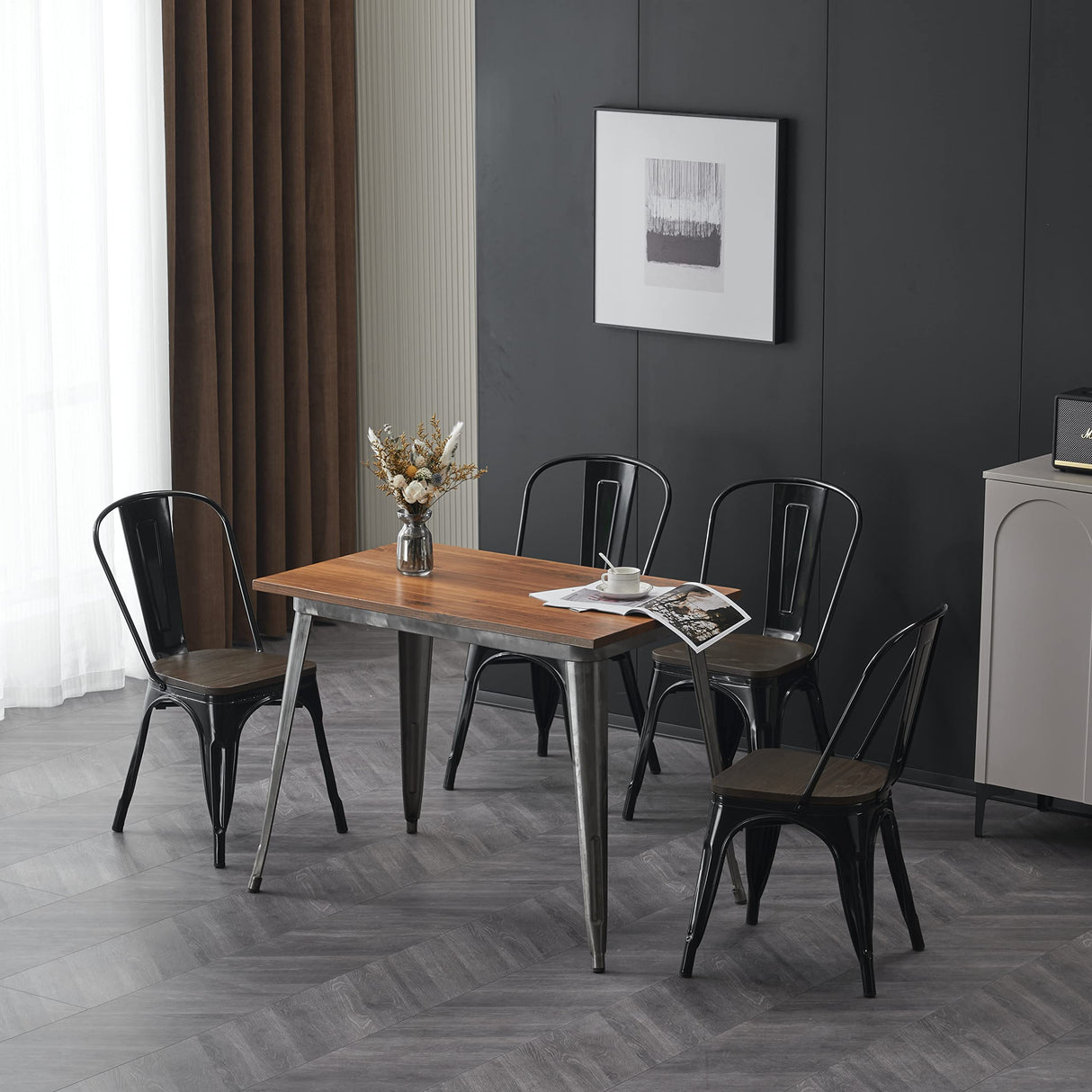 Nazhura Metal Dining Chair Farmhouse Tolix Style for Kitchen Dining Room Café Restaurant Bistro Patio, 18 Inch, Stackable, Waterproof Indoor/Outdoor (Sets of 4) (Black with Wood Padding) Nazhura