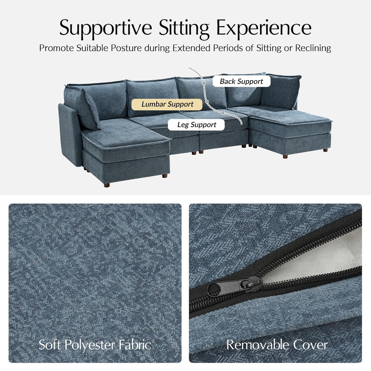 HULALA HOME 129'' Modular Sectional Sofa with Chaise, Oversized U Shaped Sofa with Hidden Storage Compartment, Comfy Cloud Couch with Extra-Wide Seat, Tool-Free Assembly, Blue HULALA HOME