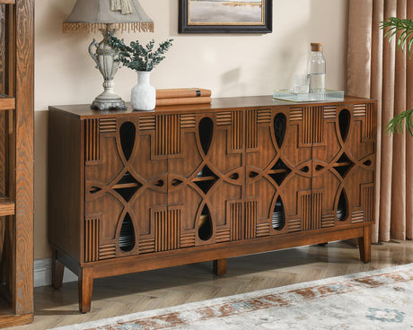 LKTART 60" Mid Century Modern Sideboard Buffet with Hollow Carved Doors and Outlet Holes,Vintage Accent Cabinet Credenzas Storage Cabinet Walnut LKTART