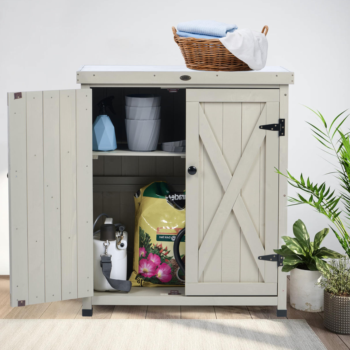 Outdoor Storage Cabinets Weatherproof for Patio, Garden Work Bench with Shelves & Metal Tabletop, Wooden Potting Table Workstation HABAU