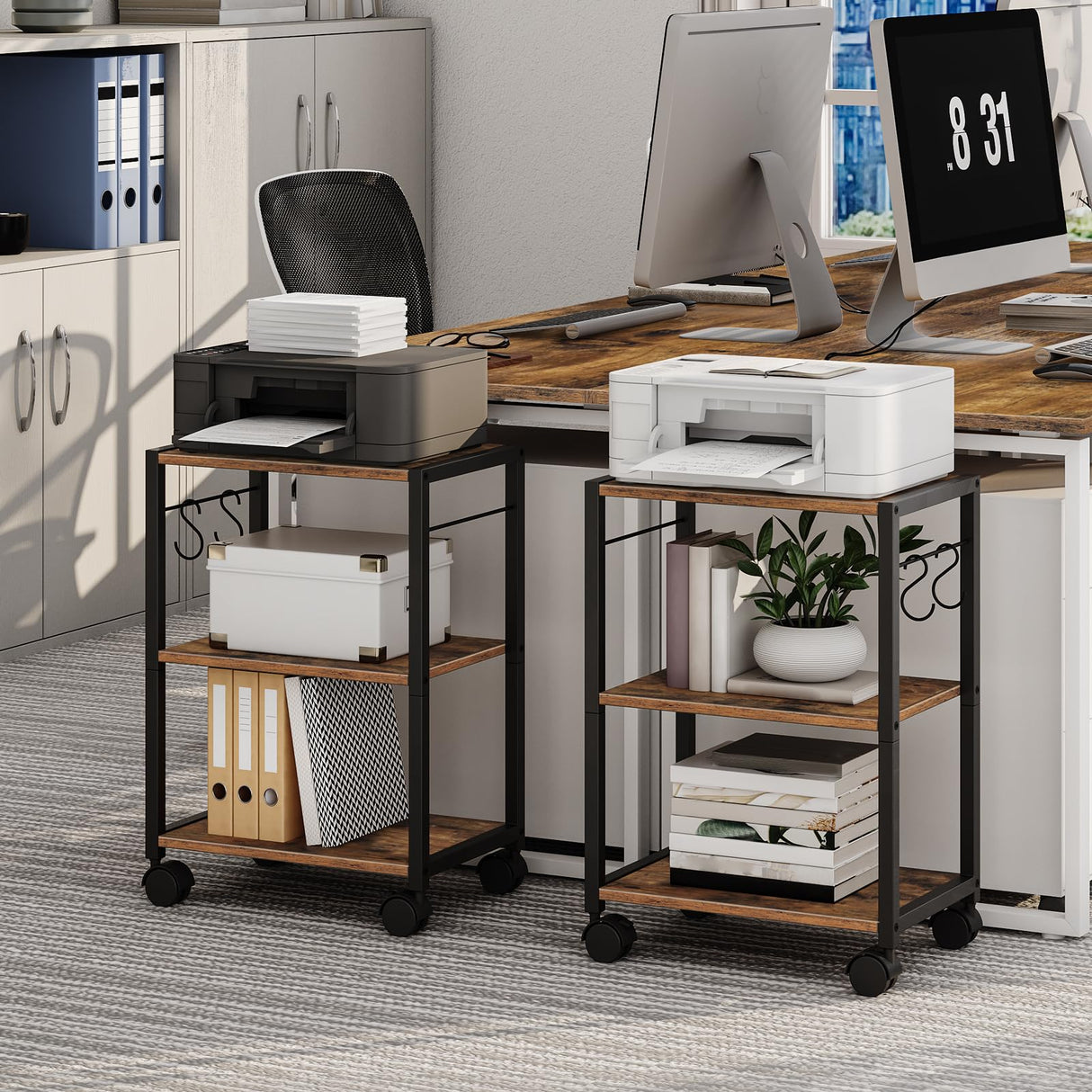 MAHANCRIS Printer Stand, 3-Tier Under Desk Printer Cart with Storage Shelf, Heavy Duty Printer Table with Wheels for Home and Office, Printer Shelf with 2 Hooks, Small Spaces, Rustic Brown PTHR4001Z MAHANCRIS