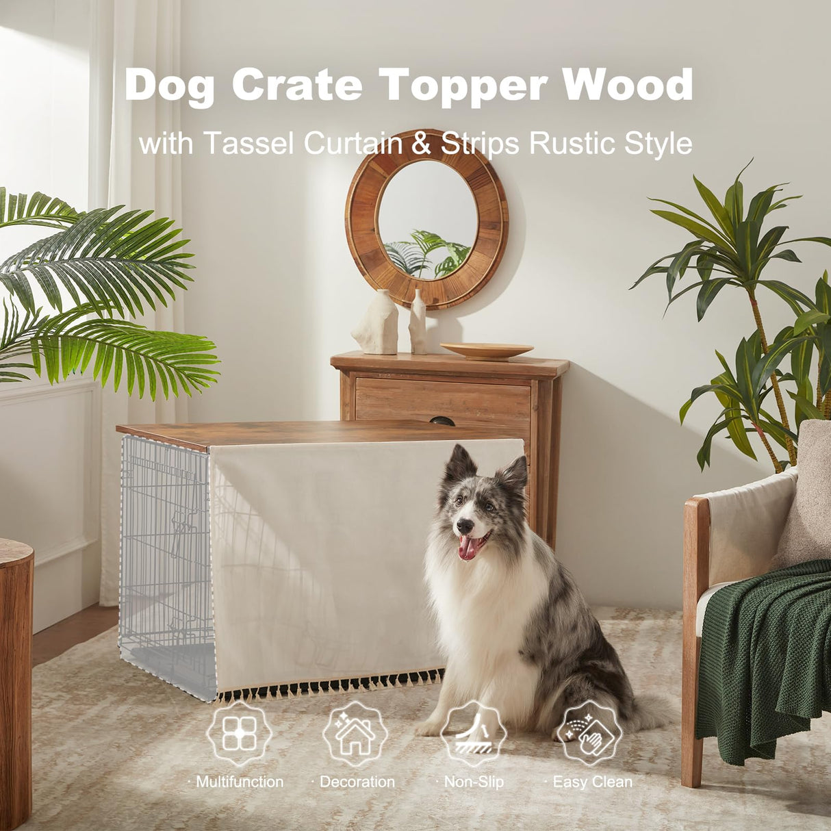 VIE DE AMAN Dog Crate Topper Wood for 48 42 36 24 inch Cages, Dog Crate Table Topper with Tassel Curtain, Rustic Style Dog Kennel Topper, Oak Grey(Dog Crate Not Include) VIE DE AMAN