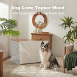 VIE DE AMAN Dog Crate Topper Wood for 48 42 36 24 inch Cages, Dog Crate Table Topper with Tassel Curtain, Rustic Style Dog Kennel Topper, Oak Grey(Dog Crate Not Include) VIE DE AMAN