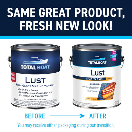 TotalBoat-482869 Lust Marine Varnish, High Gloss and Matte Finish for Wood, Boats, Outdoor Furniture (High Gloss, Quart) TotalBoat