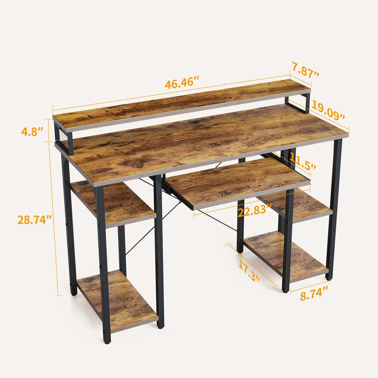 CubiCubi Computer Desk with Keyboard Tray, 47 Inch Office Desk with Monitor Stand and Storage Shelves, Music Studio Desk Workstation, Work Table for Home Office, Rustic Brown CubiCubi