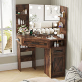 Maupvit Makeup Vanity Desk, Corner Vanity Desk with Mirror and Lights, Farmhouse Vanity Table with 10 Bulbs&4 Charging Stations, Makeup Desk with 3 Drawers&Cabinet, 3 Lighting Modes Adjustable, Brown Maupvit