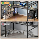 BTHFST Full Size Loft Bed with L-Shaped Desk and 3 Storage Drawers, LED Lights & Charging Station, Open Storage Shlef, Metal Loft Bed Frame with Solid Slats and Guardrail, Space Saving, Grey BTHFST