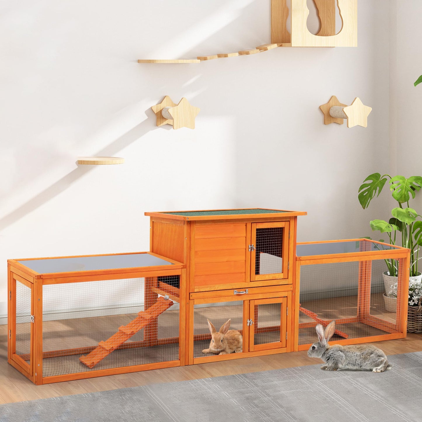 COZIWOW Extra Large Rabbit Hutch Bunny Cage Outdoor Indoor, 2-Story 94.5”L Wooden Bunny Hutch for 2 Rabbits, Big Rabbit Cage with Cleaning Tray & Waterproof Roof & Runs (Orange) - WoodArtSupply