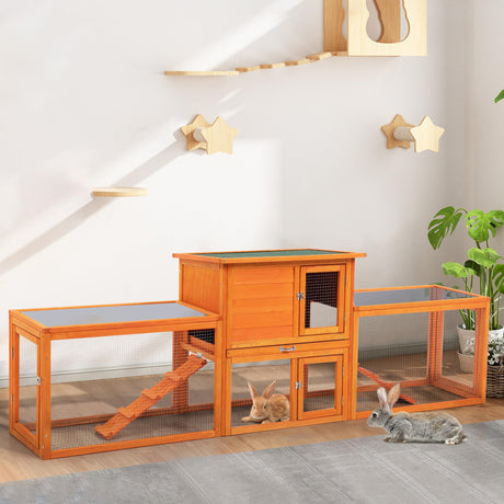 COZIWOW Extra Large Rabbit Hutch Bunny Cage Outdoor Indoor, 2-Story 94.5”L Wooden Bunny Hutch for 2 Rabbits, Big Rabbit Cage with Cleaning Tray & Waterproof Roof & Runs (Orange) COZIWOW