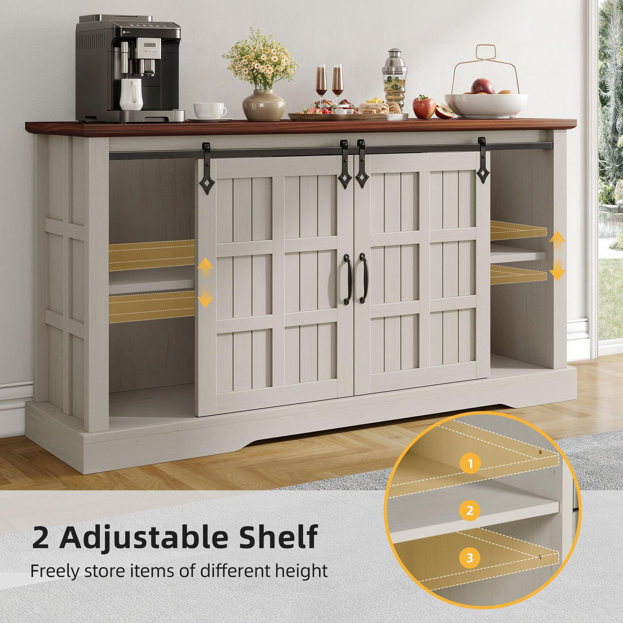 DWVO Farmhouse Sideboard Buffet Cabinet with Storage, Large Kitchen Cabinet w/Sliding Barn Doors and 4 Drawers, for Dining Room, White DWVO