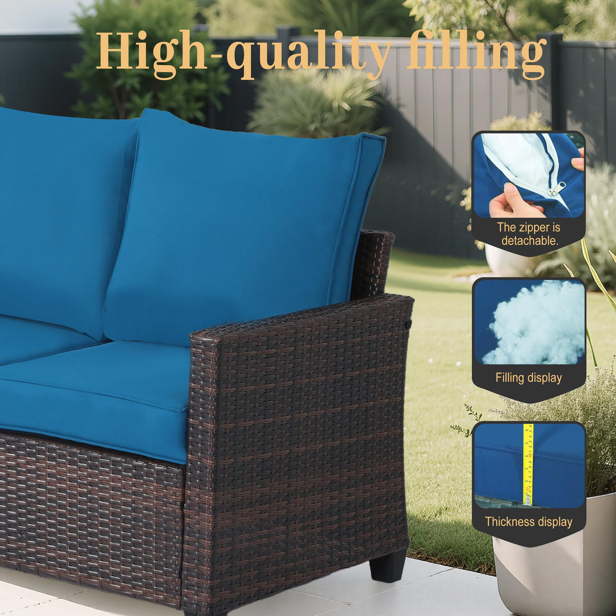 Hoffeorrad Rattan Outdoor Sofa 3-Seater - PE Woven Patio Couch with Waterproof Blue Cushions, Heavy-Duty Steel Frame for Garden, Poolside Outdoor Wicker Furniture Hoffeorrad