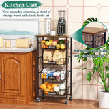 OKZEST Fruit Basket, 5-Tier Utility Kitchen Organizer and Storage Cart with Pull-Out Baskets and Wood Top, Rolling Pantry Kitchen Cart on Wheels for Fruit Potato Onion Vegetable Snack Produce OKZEST