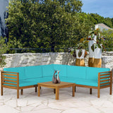 PayLessHere Patio Furniture 4 Pieces Outdoor Furniture L-Shaped Sectional Sofa Conversation Sets Patio Corner Set with Coffee Table Acacia Wood and Waterproof Cushion (Blue) PayLessHere