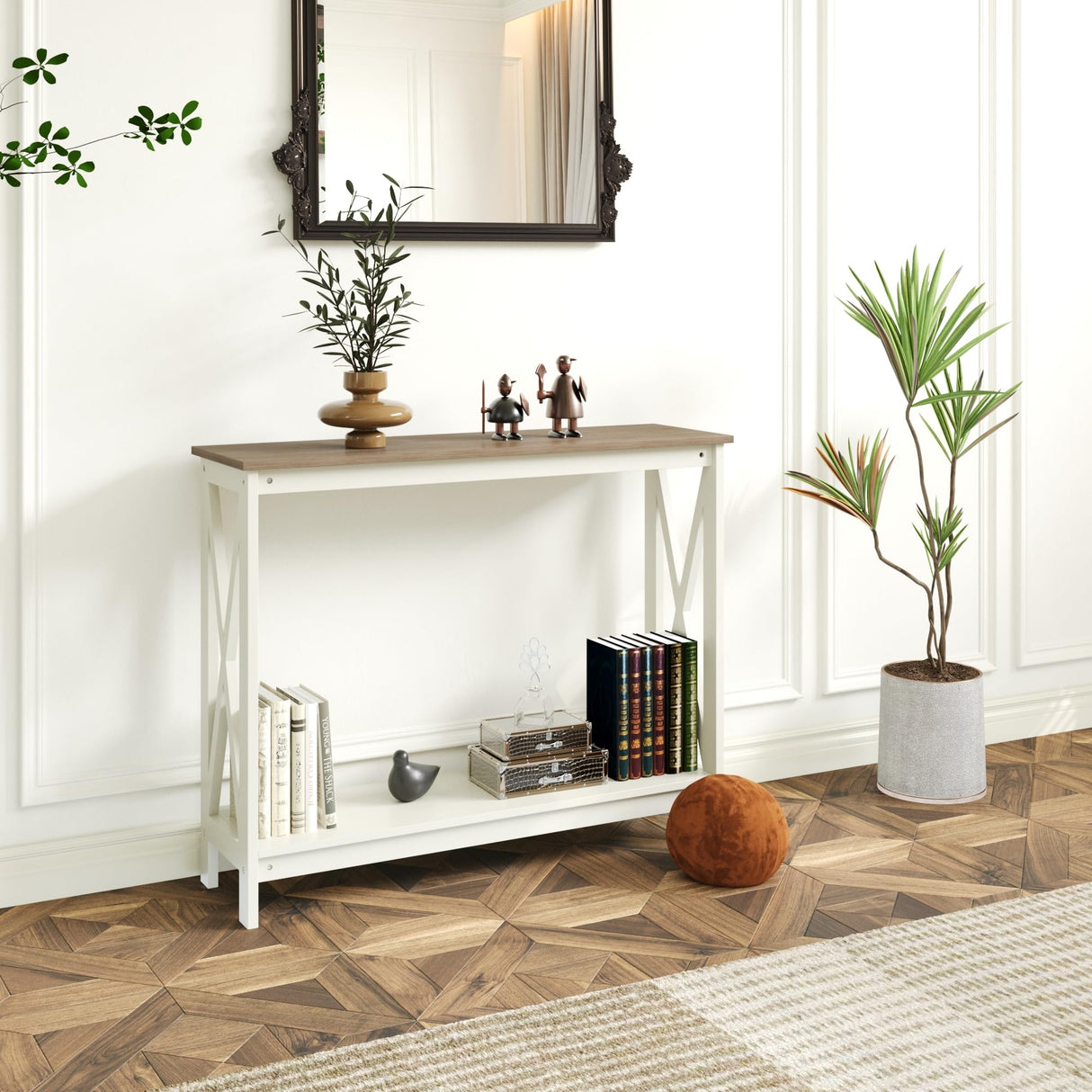 Sophia & William Console Table with Storage Shelf, 2 Tier Farmhouse Sofa Table for Entryway, Hallway, Living Room, Ivory+Oak Sophia & William