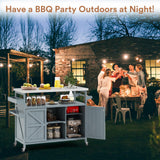 Zevemomo Outdoor Grill Cart, Stainless Steel Tabletop Outdoor Kitchen Island, Solid Wood Outdoor Buffet Cabinet with Lockable Wheels for Grilling, Gray-Blue Zevemomo