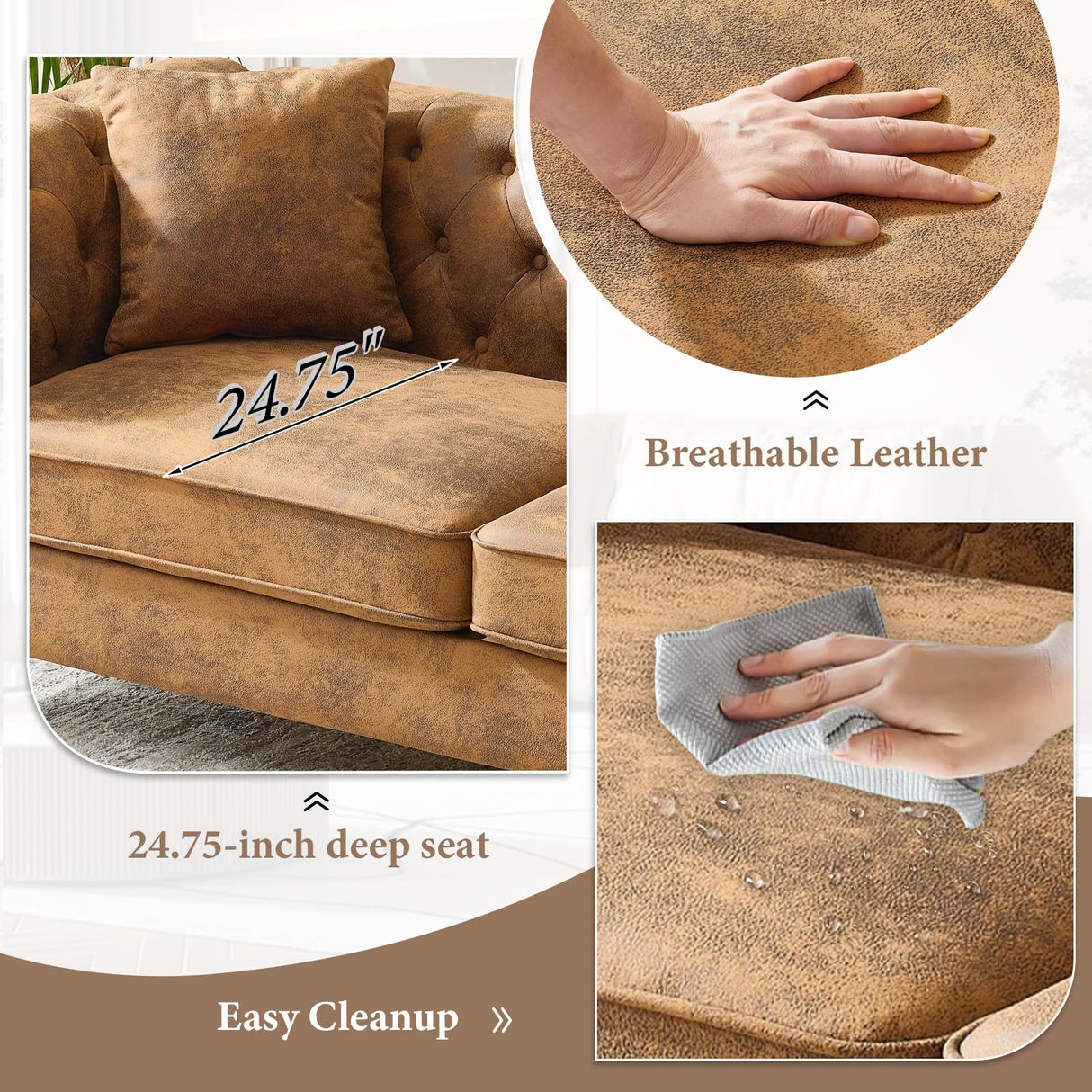 66" Chesterfield Tech Fabric Loveseat Sofa, High-Tech Fabric Upholstered Rolled Arm Couch, Tufted Mid Century Modern 2-Seater Sofa for Living Room, Office, Small Apartment,Brown TTK