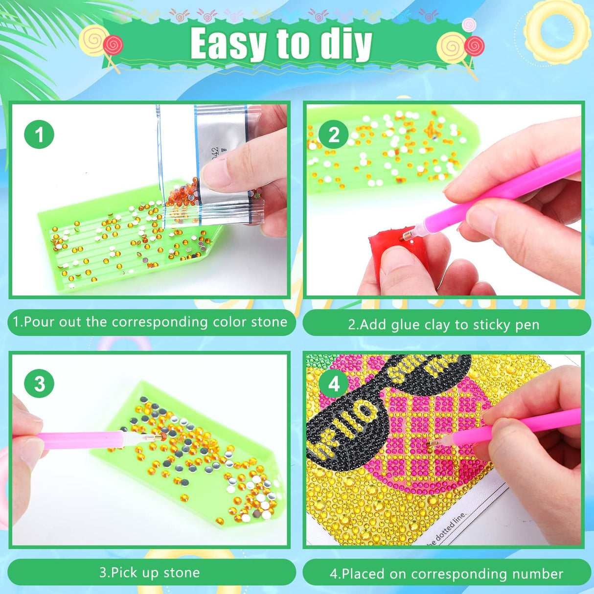 Charniol 9 Pcs Summer Diamond Painting Kits Flamingo Pineapple Watermelon Full Round Drill Diamond Craft Handmade Square Drill Diamond Painting Art Diamond for Aloha Party Tropical Decoration Charniol